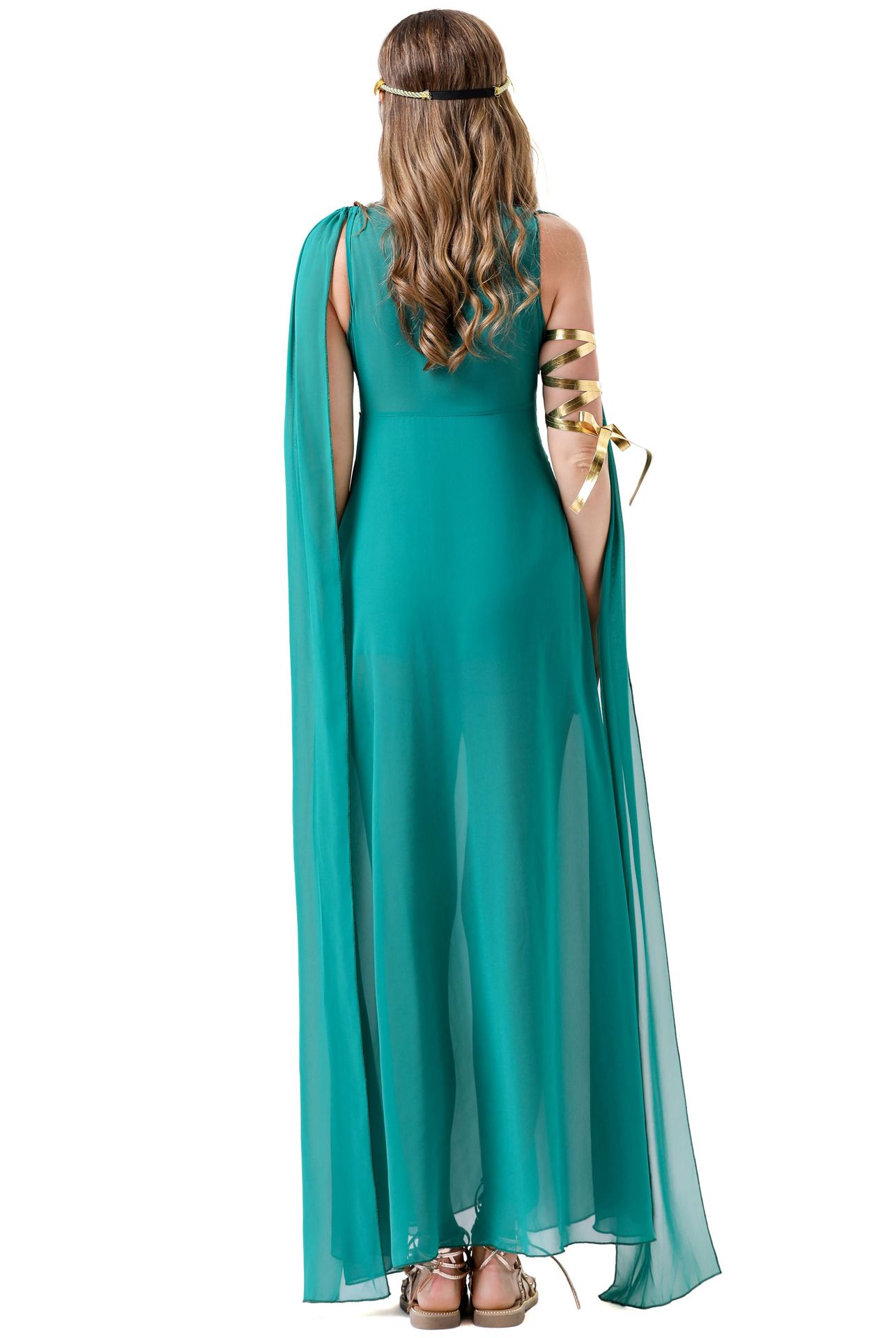 Halloween Cosplay Greek Goddess Dress - Green Chiffon Slit Maxi Gown